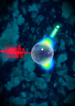 <em>Directional electron acceleration on glass nanospheres. A femtosecond laser pulse (coming from the left) hits a glass nanosphere. The light releases electrons (green) from the group of atoms. </em>
