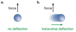 Fig. 2: The Chern-number measurement using an external force. a. The atoms are not deflected in a conventional lattice with zero Chern number. b. When the Chern number is νch = 1, the atoms are deflected transverse to the force.