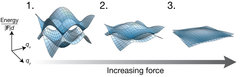 The researchers accelerated the entire lattice, which results in an inertial force in the frame of the lattice, similar to pulling on a carpet. The larger the force (2,3), the faster the atoms move in crystal momentum space, and the less important the effect of the band energies become. The effect of the band energy is negligible for the strongest forces (3). (F: force, d: distance between neighbouring lattice sites).