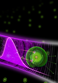 After the interaction of a xenon atom with two photons from an attosecond pulse (purple), the atom is ionized and multiple electrons (green balls) are ejected. This two-photon interaction is made possible by the latest achievements in attosecond technology.