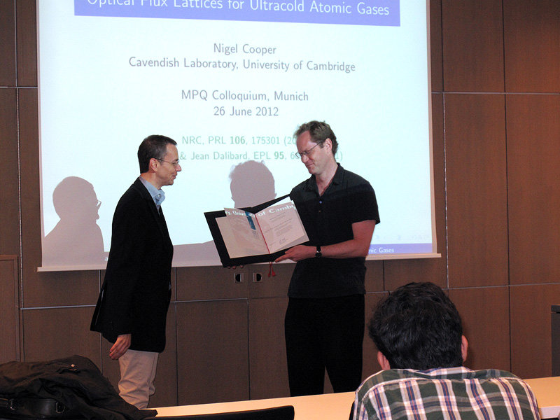 <span style="color: #666666;">Presentation of the MPQ Distinguished Scholar Document to Prof. Nigel Cooper on June 26th, 2012</span>
