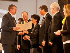 Von links nach rechts: Prof. Reinhard Kienberger, Prof. Felix Unger, Präsident der Europäischen Akademie, Doris Leuthard, Bundesrätin Schweiz, Borut Pahor, Staatspräsident von Slowenien, Ivo Josipović, Staatspräsident von Kroatien