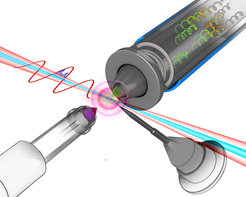 Using an infrared laser pulse (red wave from the left) the scientists investigate the temporal structure of the X-ray pulse (pictured in blue). When the X-ray flash hits a gas atom it knocks electrons out of the innermost shell, setting them free. The electrons are then accelerated or decelerated by the electrical field of the infrared light pulse. As the energies of the electrons (green) vary depending on the time of their emission the duration of the X-ray pulse that has triggered the reaction can be deduced.