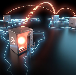 Artist’s view of global teleportation of quantum bits.