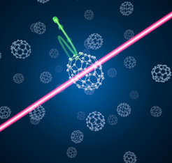 An infrared laser pulse hits a carbon macromolecule. This induces a structural transformation of the molecule and releases an electron into the environment. The laser-induced diffraction of the electron is used in imaging the transformation.