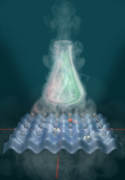 Visualization of the proposed quantum simulator, in which ultra-cold atoms move around in an optical lattice playing the role of molecular electrons.