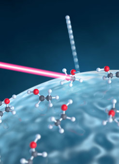 An intense laser pulse (red) hits a nanoparticle made of glass and interacts with molecules on its surface. Subsequently, as depicted, hydrogen ions may be detached, and the yield of such reactions can be measured by reaction nanoscopy.