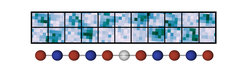 Graphic B shows the state of the chain after the quench (lower row) in the microscope image. Atoms with an up spin end up in the upper row, the atoms with down spin end up on the lower row and sites with no signal contain holes.