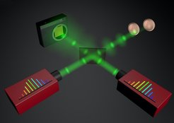 Set-up of dual comb holography: a frequency comb laser illuminates a three-dimensional object, the light scattered by it is directed by a beam splitter into a camera sensor. The second frequency comb laser is directed onto the same sensor as a reference beam. The camera registers a spatial interference pattern that changes over time because the two lasers emit their light pulses with a varyiing time separation.