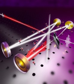 Verstärkung von Laserpulsen (weiß) und molekularen Antworten (rot) in einem passiven optischen Resonator.