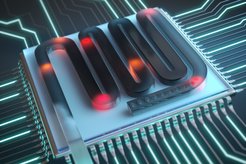 Artististic interpretation of the experiment, in which individual erbium atoms (red and orange) are integrated into a silicon chip. Optica, 8, 40 (2021).