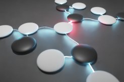Quantum mechanical graph states are here visualised as GO stones for the qubits, which are entangled with each other via the illuminated "fibres". The colours white and black represent the qubit values zero and one.