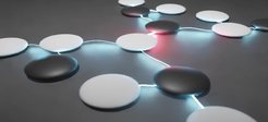 Quantum mechanical graph states are here visualised as GO stones for the qubits, which are entangled with each other via the illuminated "fibres". The colours white and black represent the qubit values zero and one.