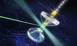 Visualisation of rubidium atoms trapped in the optical resonator and addressed individually using a highly focussed laser beam. This allows the researchers to entangle the trapped atoms with individual photons.
